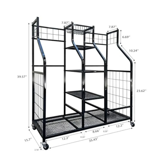 Golf Bag Storage Organizer Stand with Wheels - Heavy Duty Steel Rack Holds 2 Golf Bags with Central Storage Shelf for Golf Ball