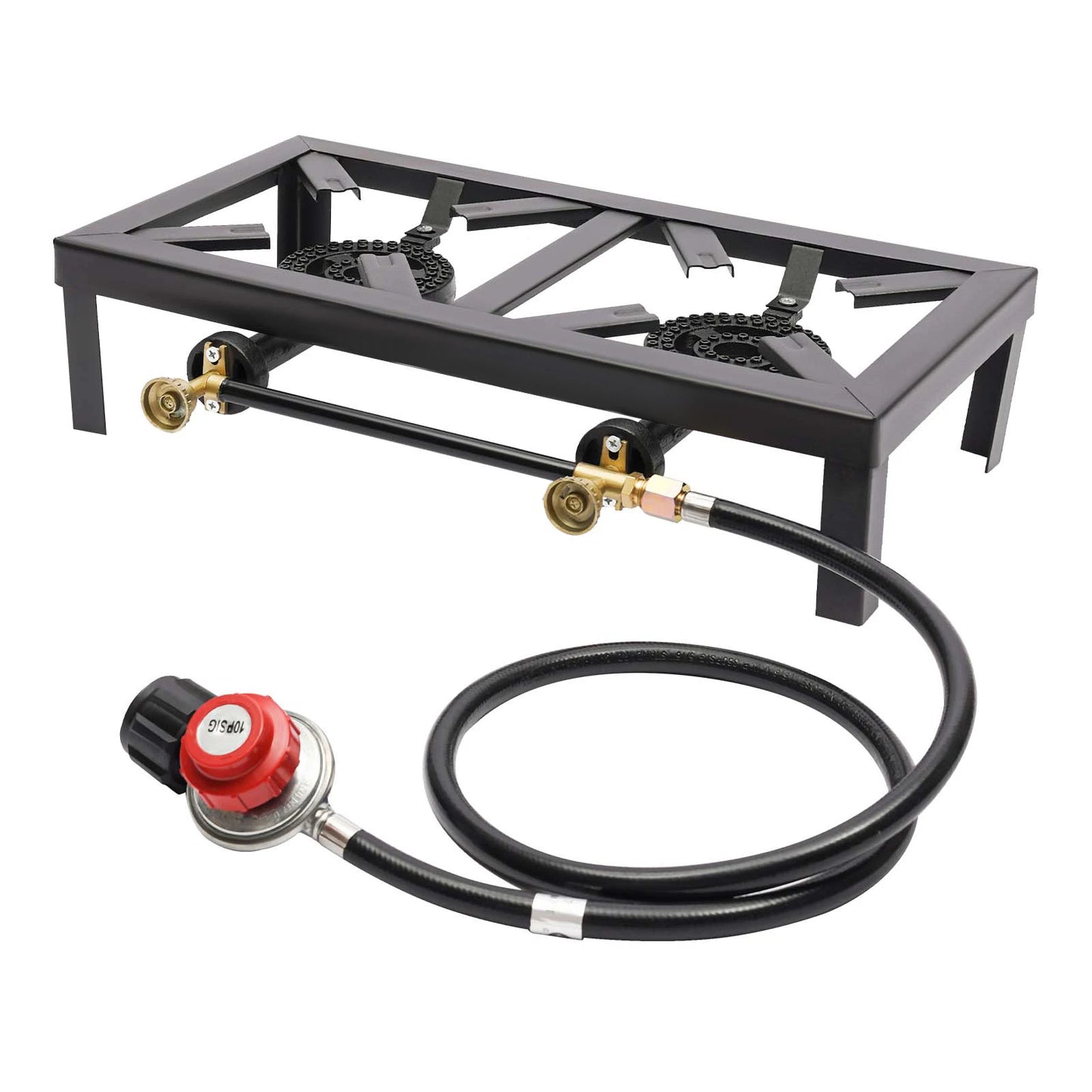Portable Double Burner Outdoor Gas Stove, Propane Cooker with Adjustable 0-10Psi Regulator Hose for Patio, Camping, BBQ, Home