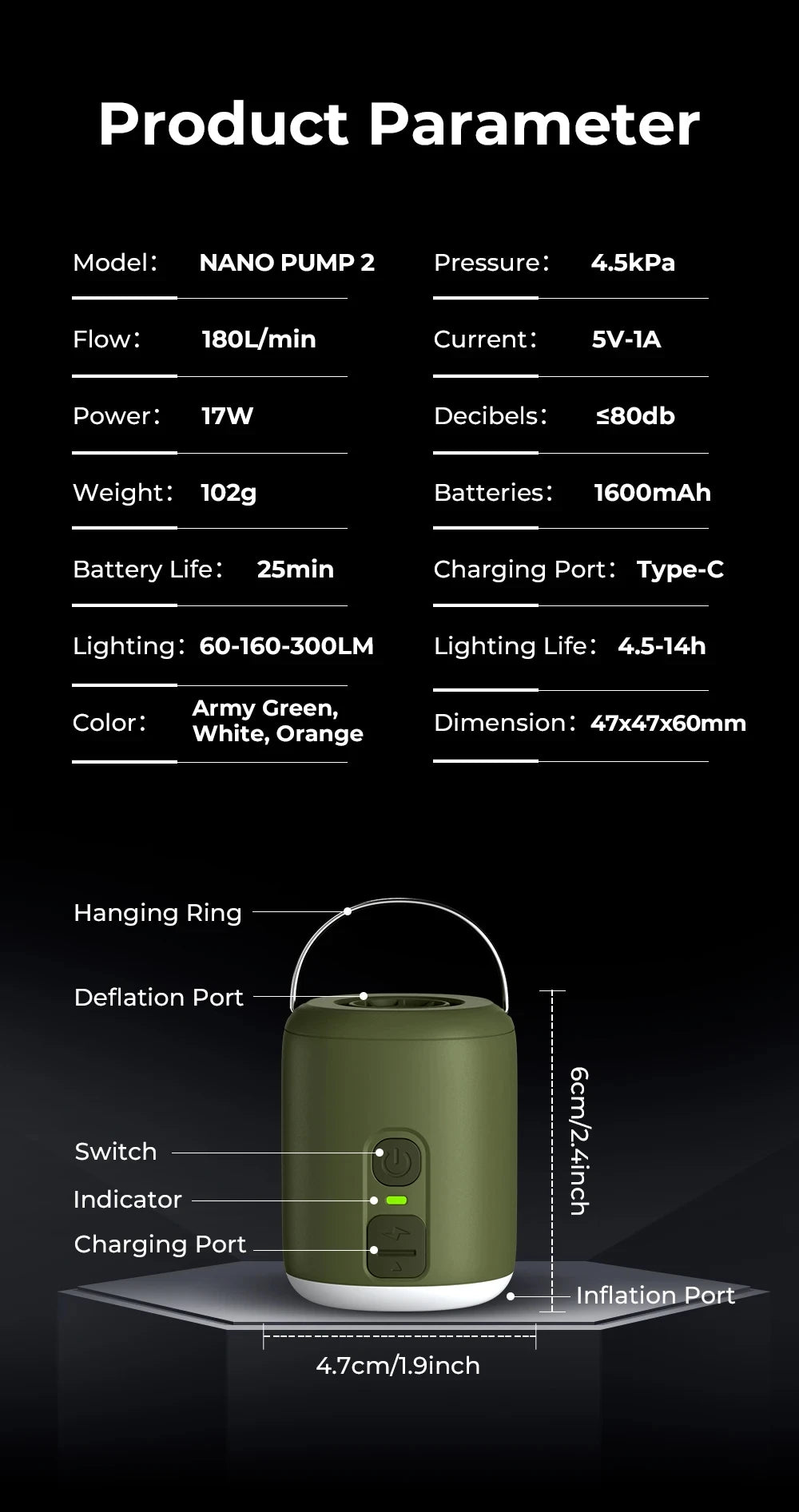 WESTTUNE Tiny Air Pump with Camping Lantern, 4.5kPa Air Pump with Magnetic Design for Inflatable Air Mattress or Sleeping Pads