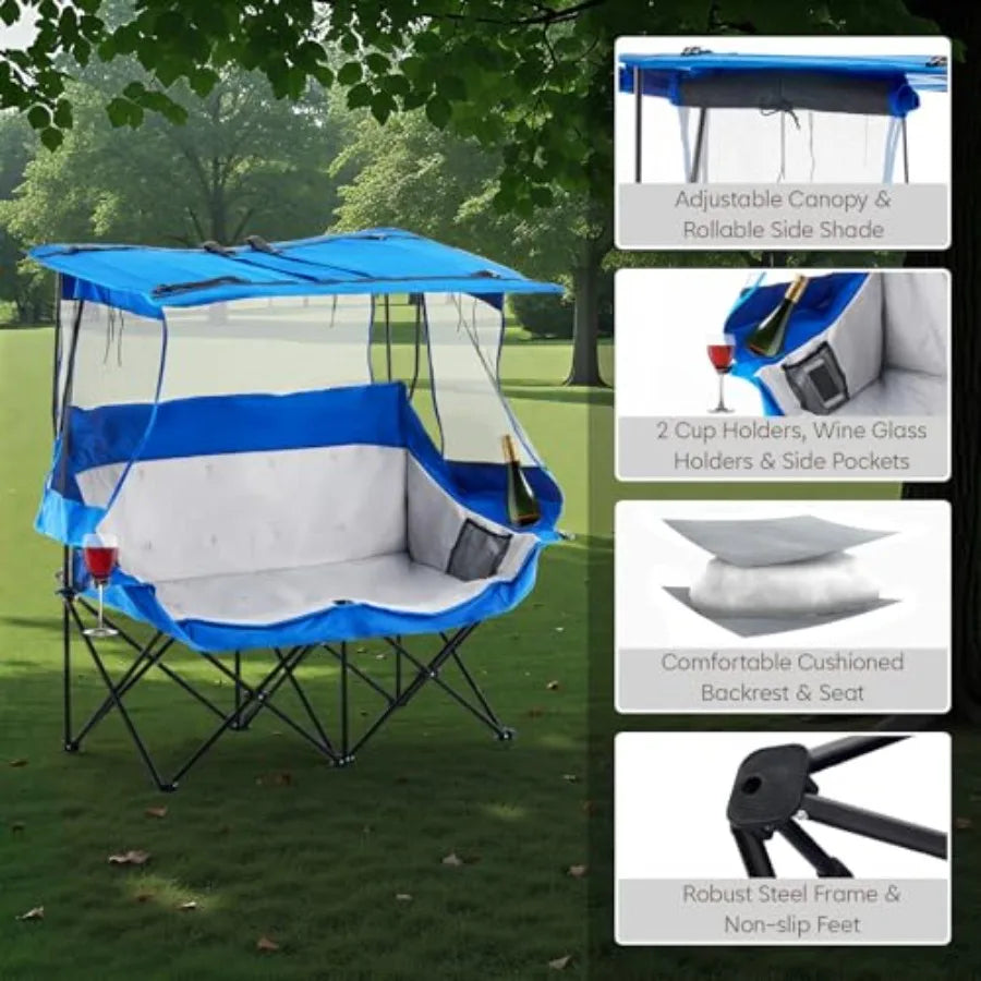 Double Camping Chair with Canopy Shade with Cup Holders and Side Pockets Portable