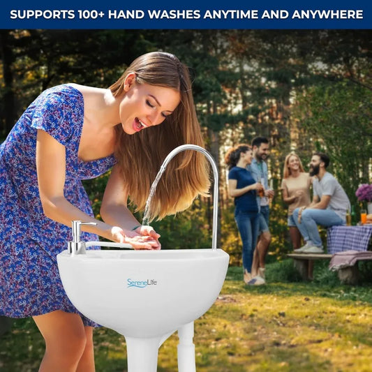 SereneLife Portable Camping Sink with 19L Water Tank, Hands-Free Foot Pump, Soap Dispenser & Towel Holder, with Carry Handle