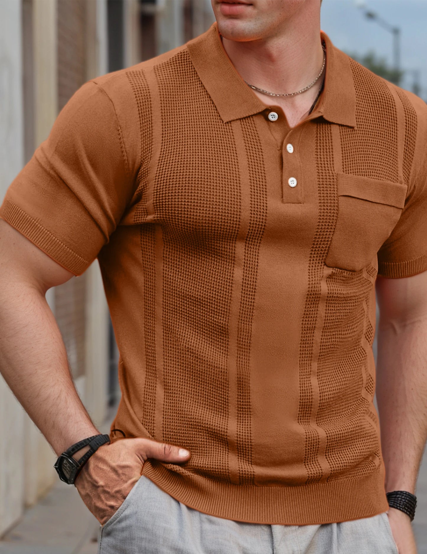 Mens Breathable Polo Shirts Short Sleeve Lightweight Knit Texture