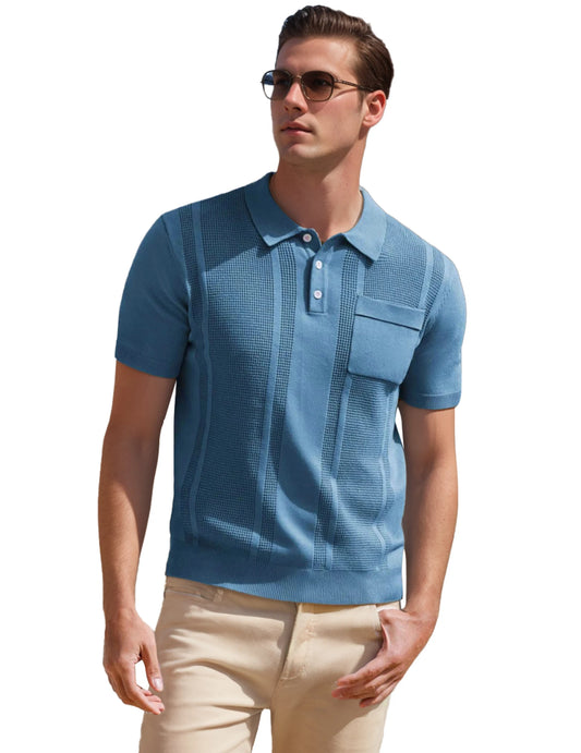 Mens Breathable Polo Shirts Short Sleeve Lightweight Knit Texture