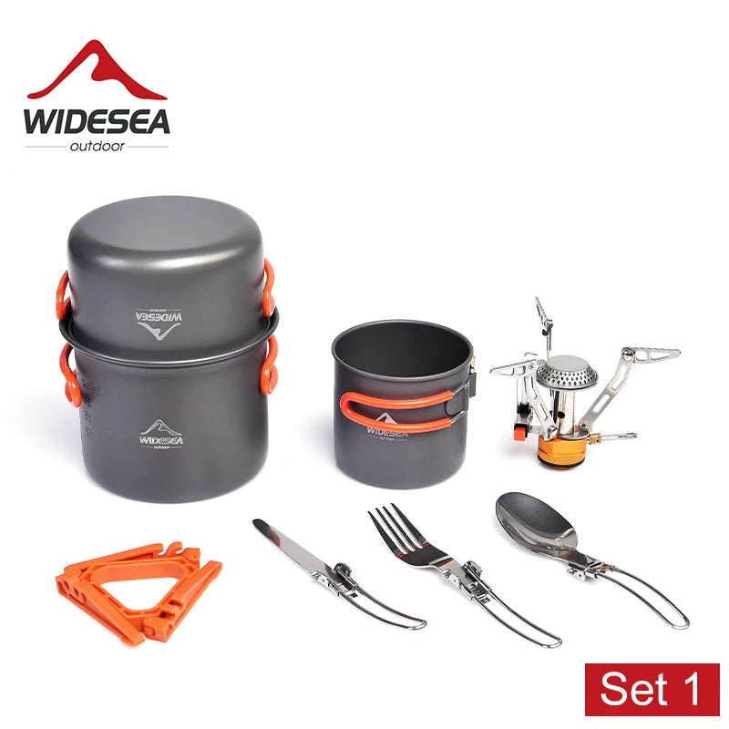 Widesea Camping Cookware Set, Outdoor Tableware, Burner Stove, Folding Knife and Fork