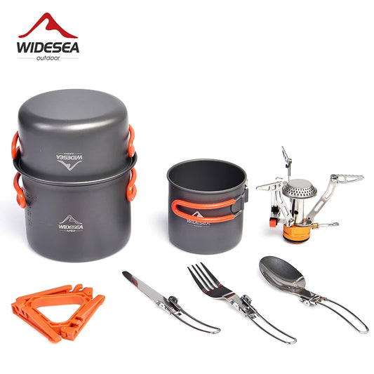 Widesea Camping Cookware Set, Outdoor Tableware, Burner Stove, Folding Knife and Fork