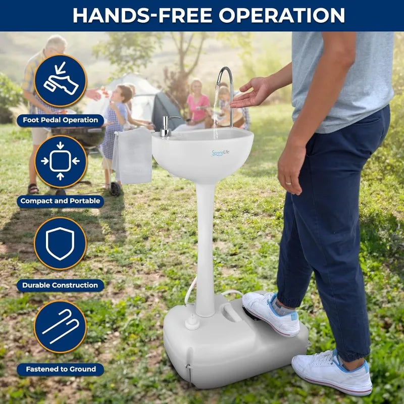 SereneLife Portable Camping Sink with 19L Water Tank, Hands-Free Foot Pump, Soap Dispenser & Towel Holder, with Carry Handle