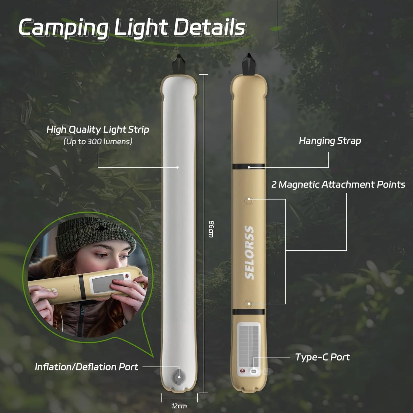 SELORSS Solar Camping Lantern 2000mAh Folding Portable Camping Light, Waterproof, USB-Type C