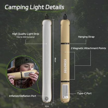 SELORSS Solar Camping Lantern 2000mAh Folding Portable Camping Light, Waterproof, USB-Type C