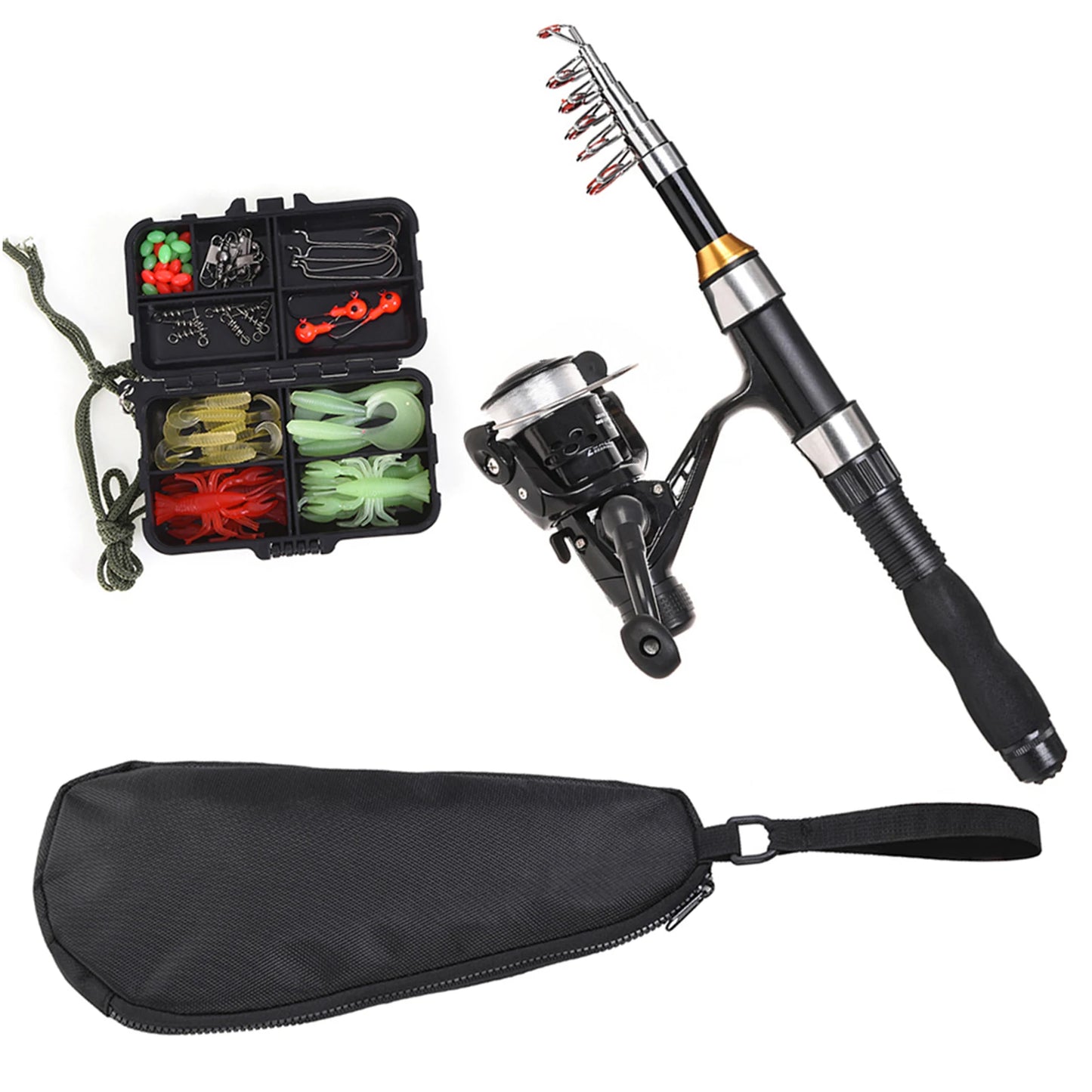 US Fishing Rod/Reel Combo Full Kit 1.5m Telescopic Fishing Rod, Spinning Reel Set with Hook Soft Lures, and Barrel Swivels Storage Bag