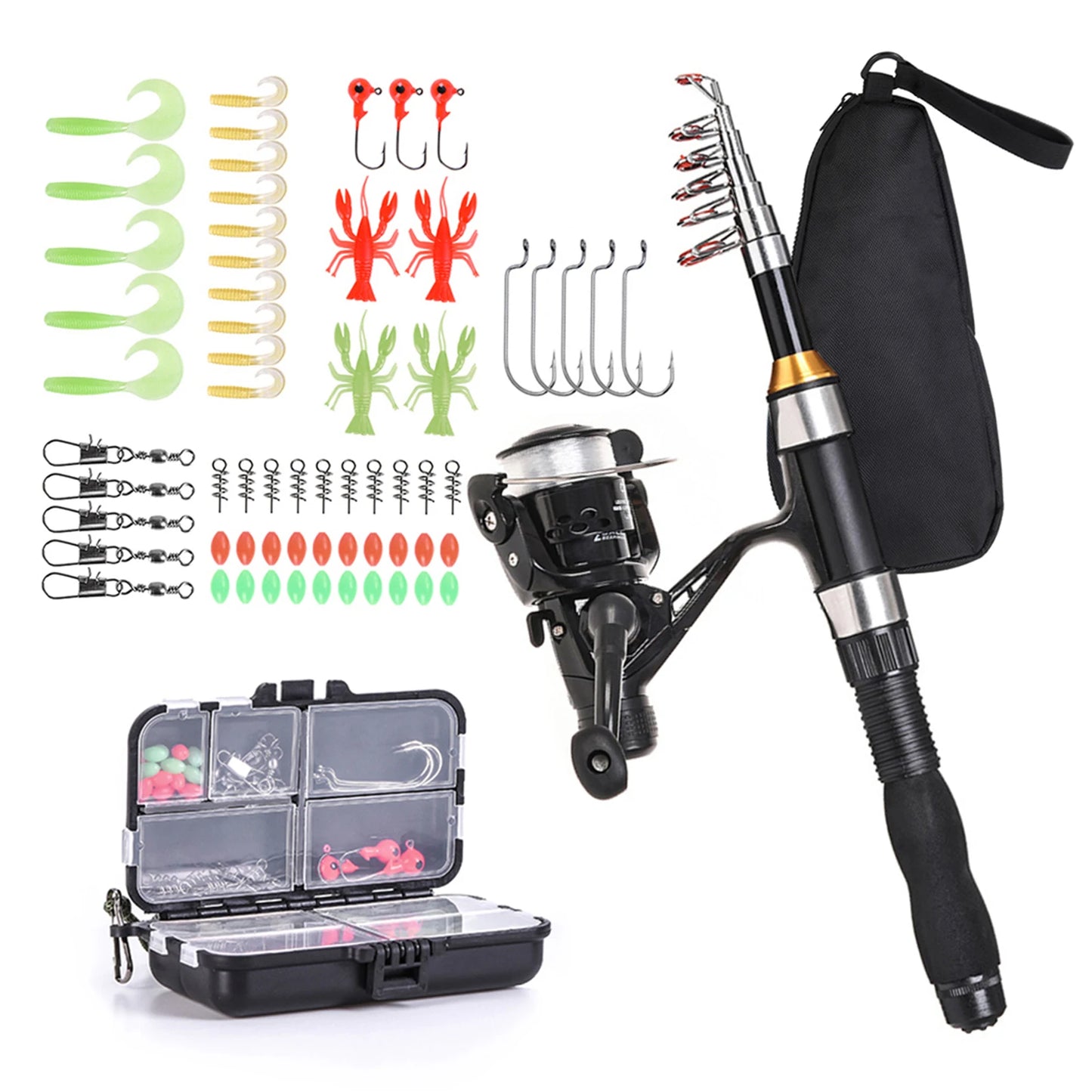 US Fishing Rod/Reel Combo Full Kit 1.5m Telescopic Fishing Rod, Spinning Reel Set with Hook Soft Lures, and Barrel Swivels Storage Bag