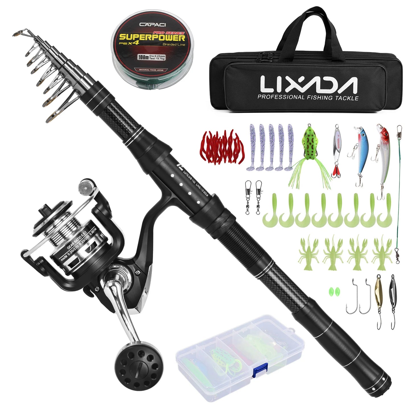 NEW Fishing Rod and Reel Combo, Portable, With Fishing Line Lures Carry Bag