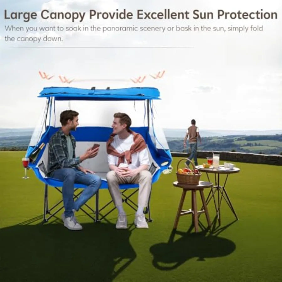 Double Camping Chair with Canopy Shade with Cup Holders and Side Pockets Portable