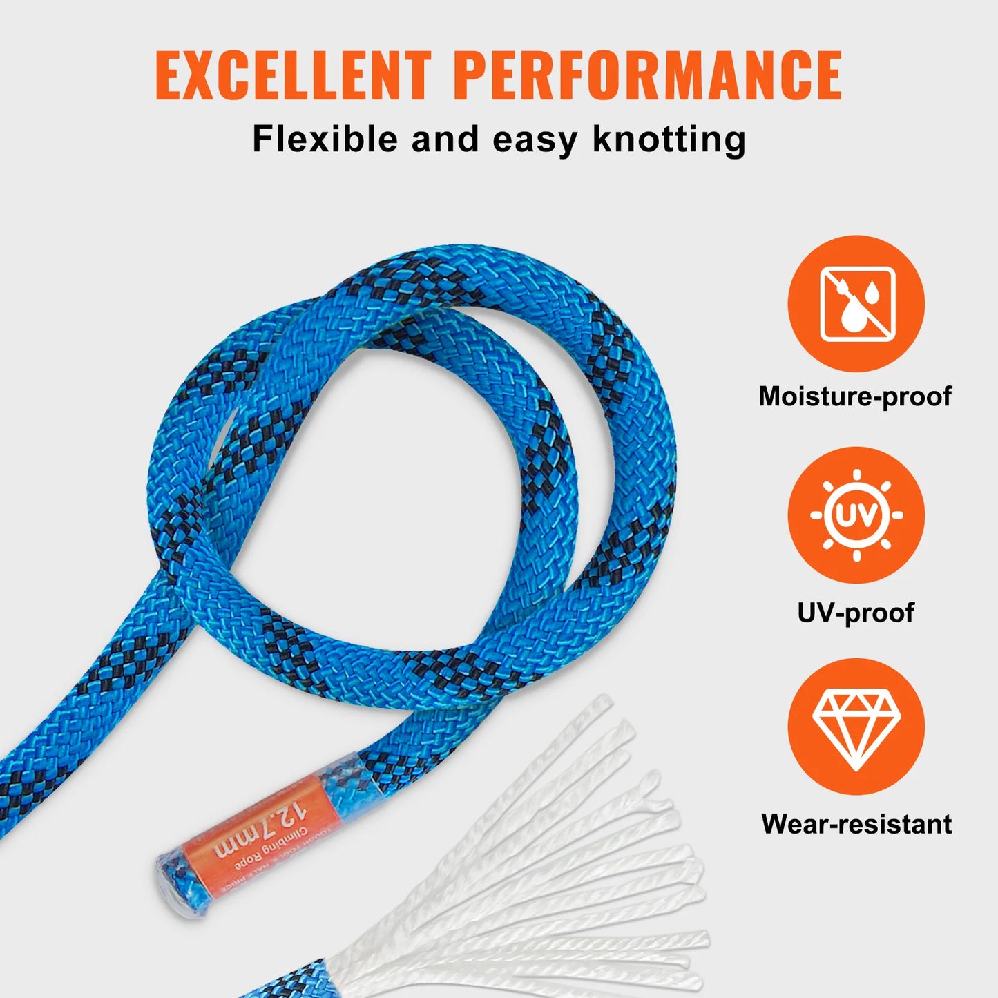 VEVOR 12.7mm Static Climbing Rope, 125/150/200ft Outdoor Rock Climbing Rope 30KN Breaking Tension Fiber Rope w/ Steel Snap Hooks