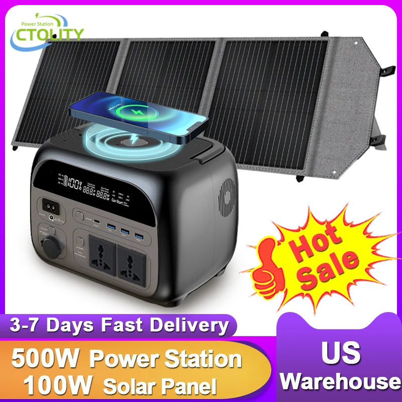 CTOLITY Camping Power Station 500W Portable Solar Generator 345Wh Lifepo4 Battery AC Output 100W 20.5V Flexible Solar Pane USB
