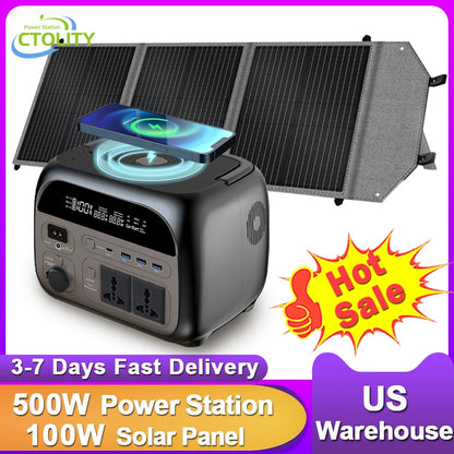 CTOLITY Camping Power Station 500W Portable Solar Generator 345Wh Lifepo4 Battery AC Output 100W 20.5V Flexible Solar Pane USB