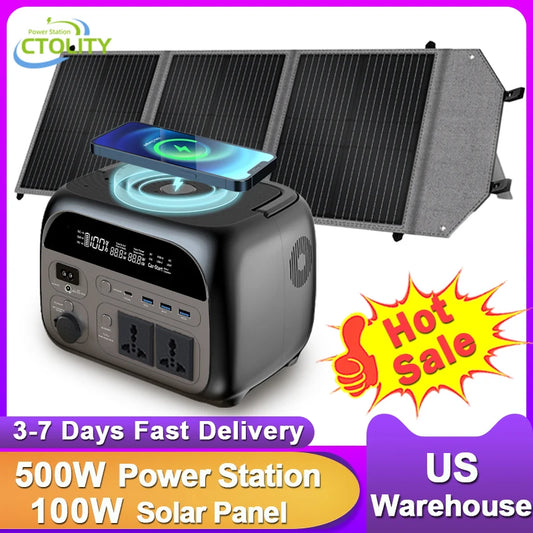 CTOLITY Camping Power Station 500W Portable Solar Generator 345Wh Lifepo4 Battery AC Output 100W 20.5V Flexible Solar Pane USB