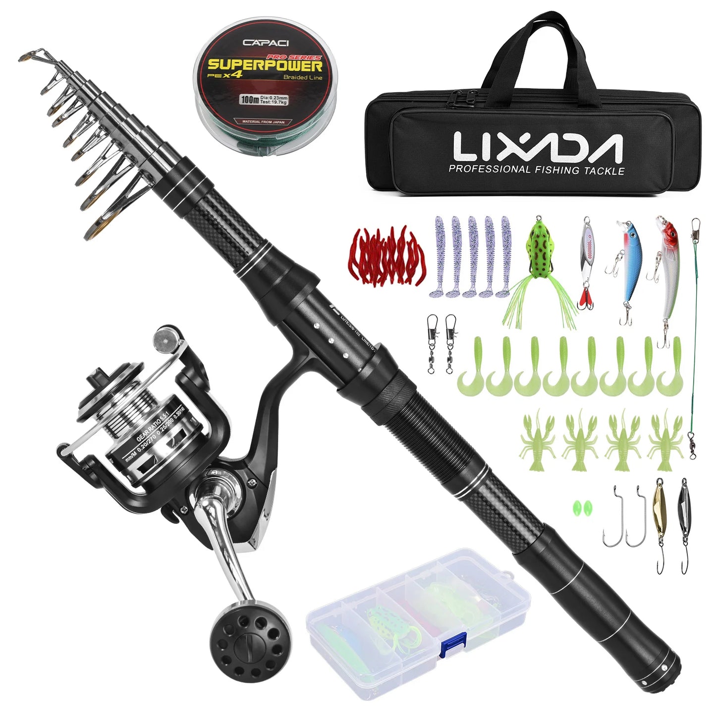 NEW Fishing Rod and Reel Combo, Portable, With Fishing Line Lures Carry Bag