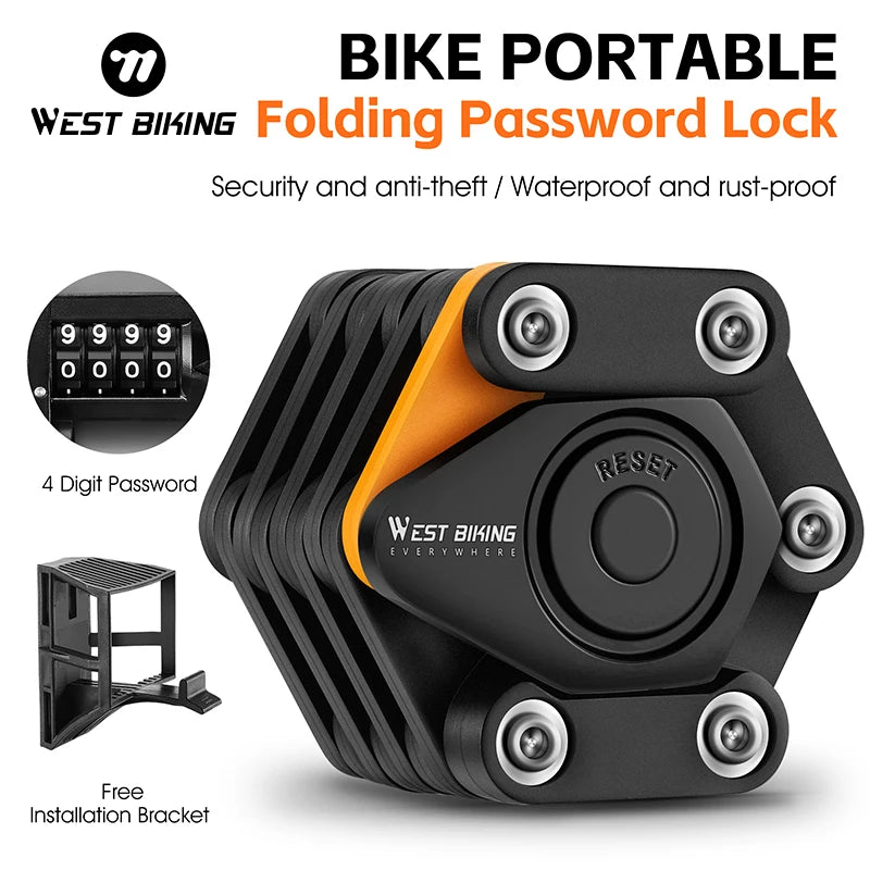 WEST BIKING Bicycle Folding Lock, 4 Code Digits Anti-theft Lock, Portable E-Bike Scooter Password, Foldable Lock