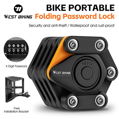 WEST BIKING Bicycle Folding Lock, 4 Code Digits Anti-theft Lock, Portable E-Bike Scooter Password, Foldable Lock