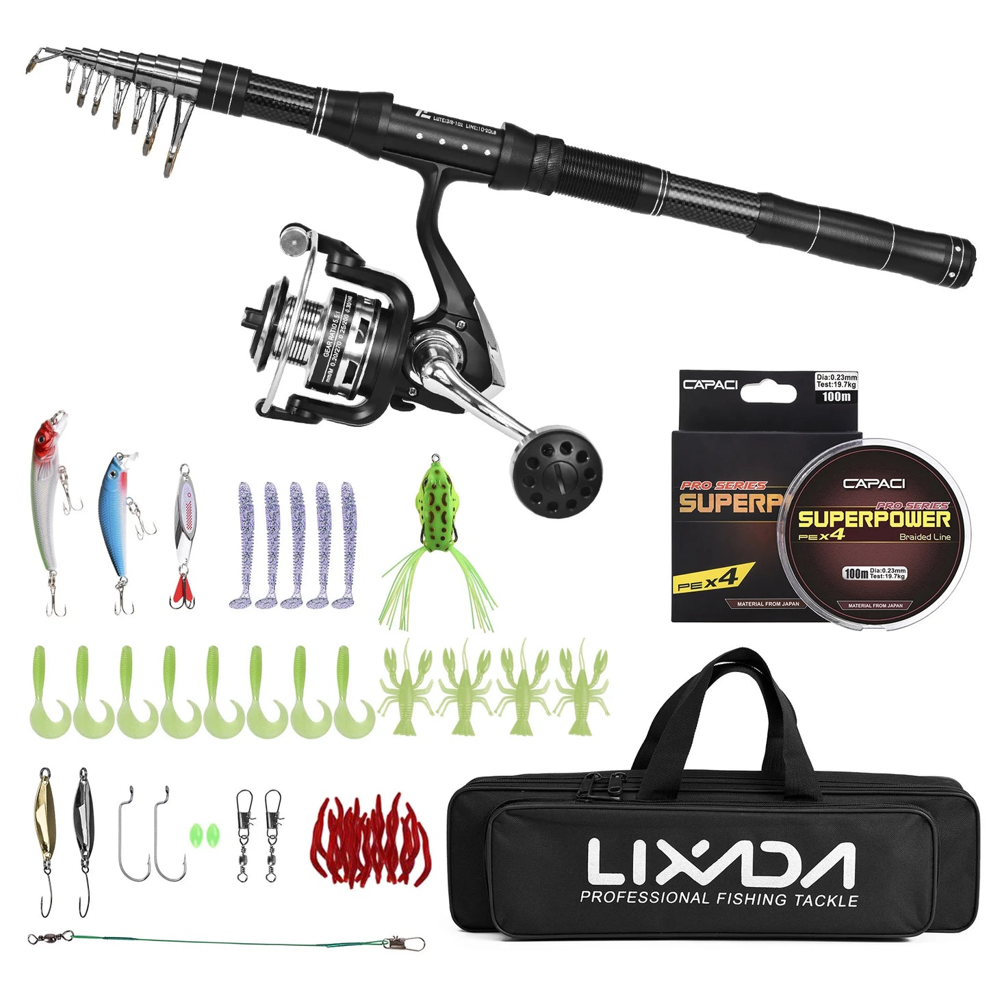 NEW Fishing Rod and Reel Combo, Portable, With Fishing Line Lures Carry Bag