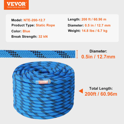 VEVOR 12.7mm Static Climbing Rope, 125/150/200ft Outdoor Rock Climbing Rope 30KN Breaking Tension Fiber Rope w/ Steel Snap Hooks