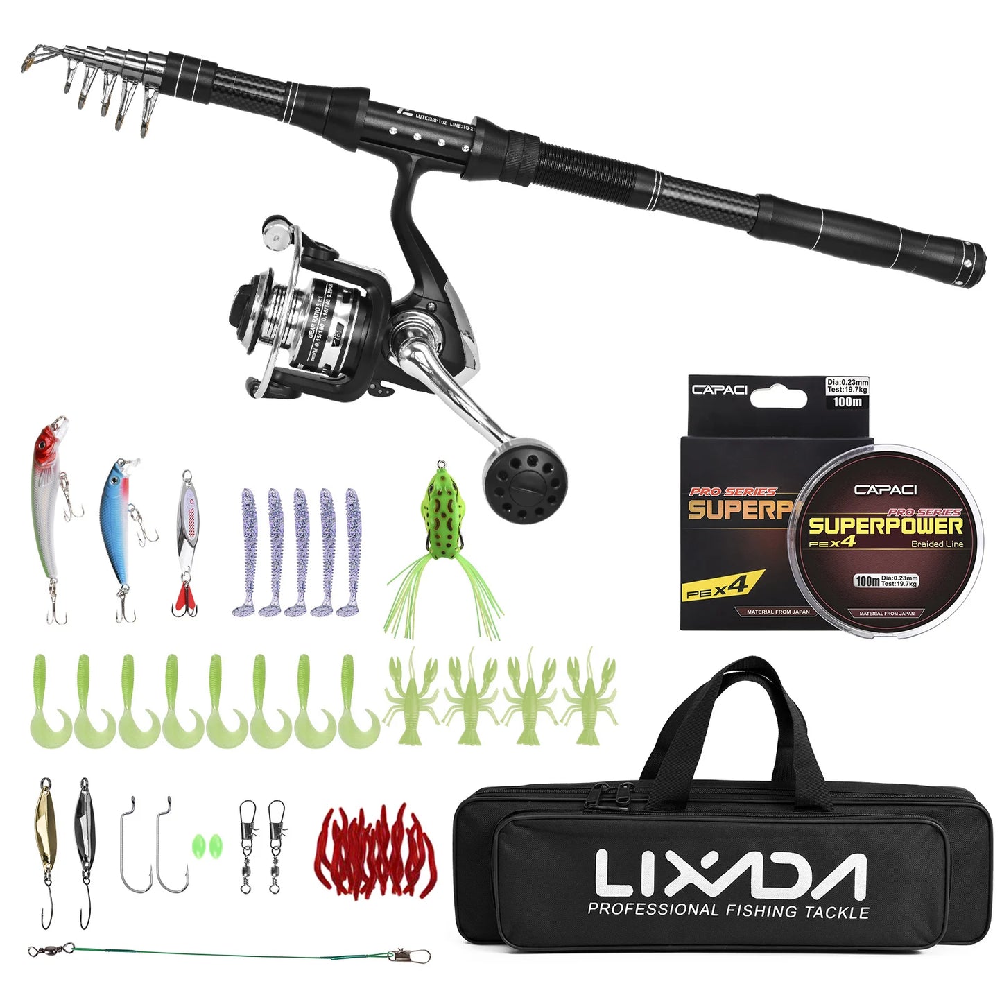 NEW Fishing Rod and Reel Combo, Portable, With Fishing Line Lures Carry Bag