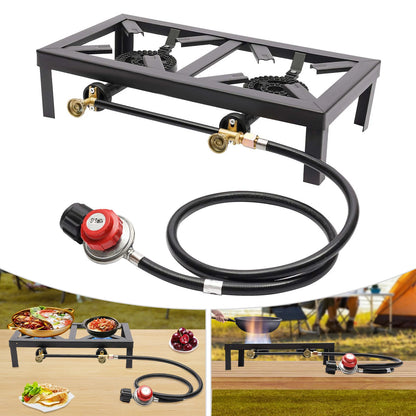 Portable Double Burner Outdoor Gas Stove, Propane Cooker with Adjustable 0-10Psi Regulator Hose for Patio, Camping, BBQ, Home