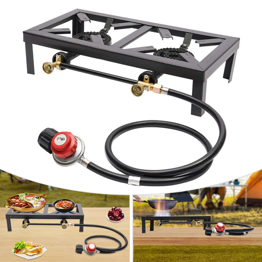 Portable Double Burner Outdoor Gas Stove, Propane Cooker with Adjustable 0-10Psi Regulator Hose for Patio, Camping, BBQ, Home