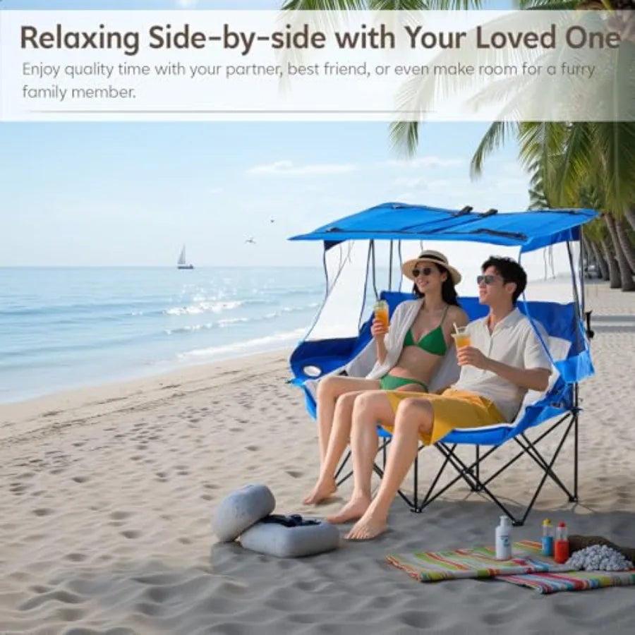 Double Camping Chair with Canopy Shade with Cup Holders and Side Pockets Portable