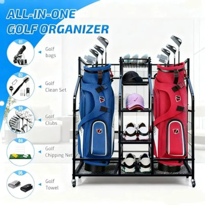 Golf Bag Storage Organizer Stand with Wheels - Heavy Duty Steel Rack Holds 2 Golf Bags with Central Storage Shelf for Golf Ball
