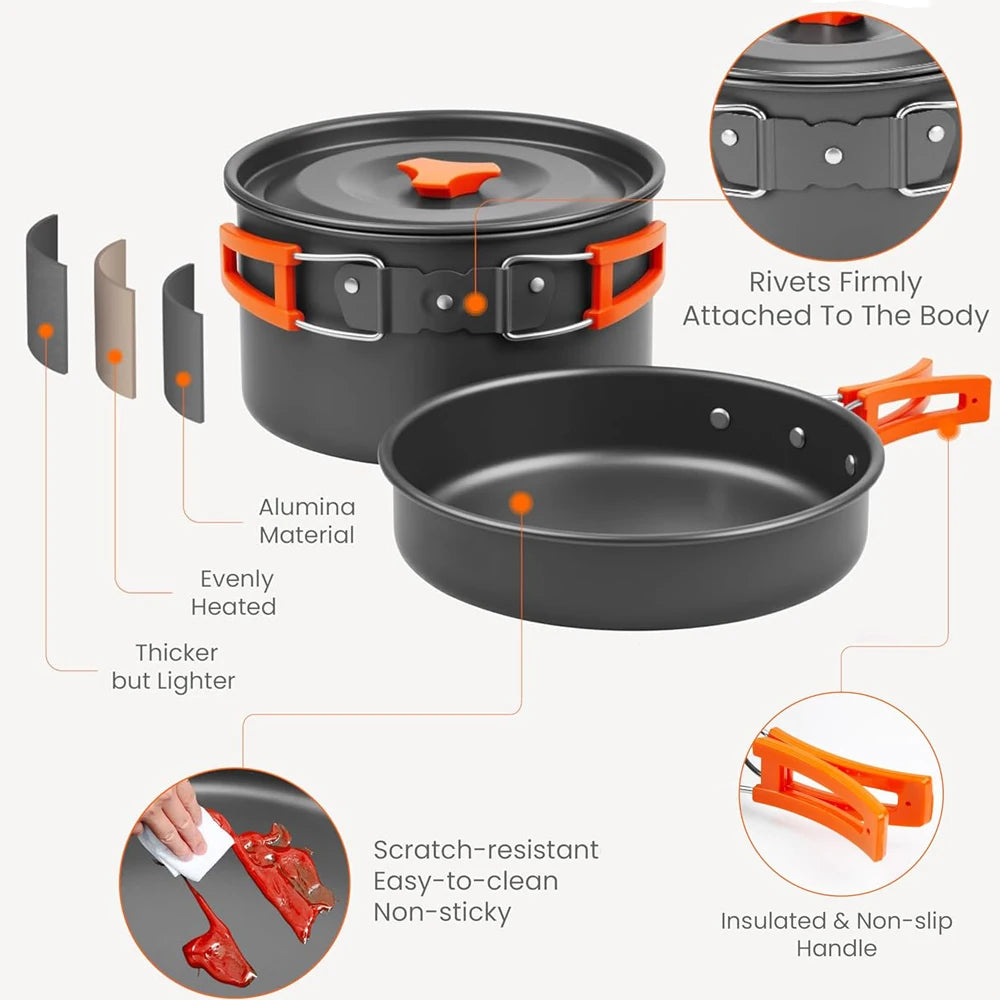 Portable Outdoor Camping Cookware Set, Lightweight Backpacking Pot and Pan Kit for Hiking