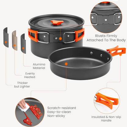 Portable Outdoor Camping Cookware Set, Lightweight Backpacking Pot and Pan Kit for Hiking