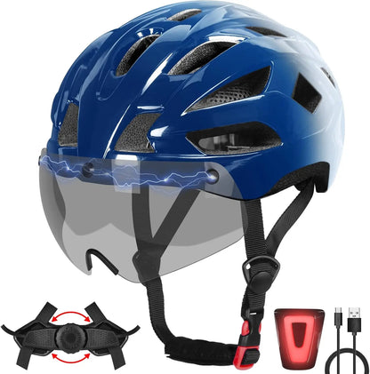 Adult Bike Helmet with LED Light & Magnetic Goggles, Adjustable Fit, 22.8-24.4 Inches, USB Charging Included