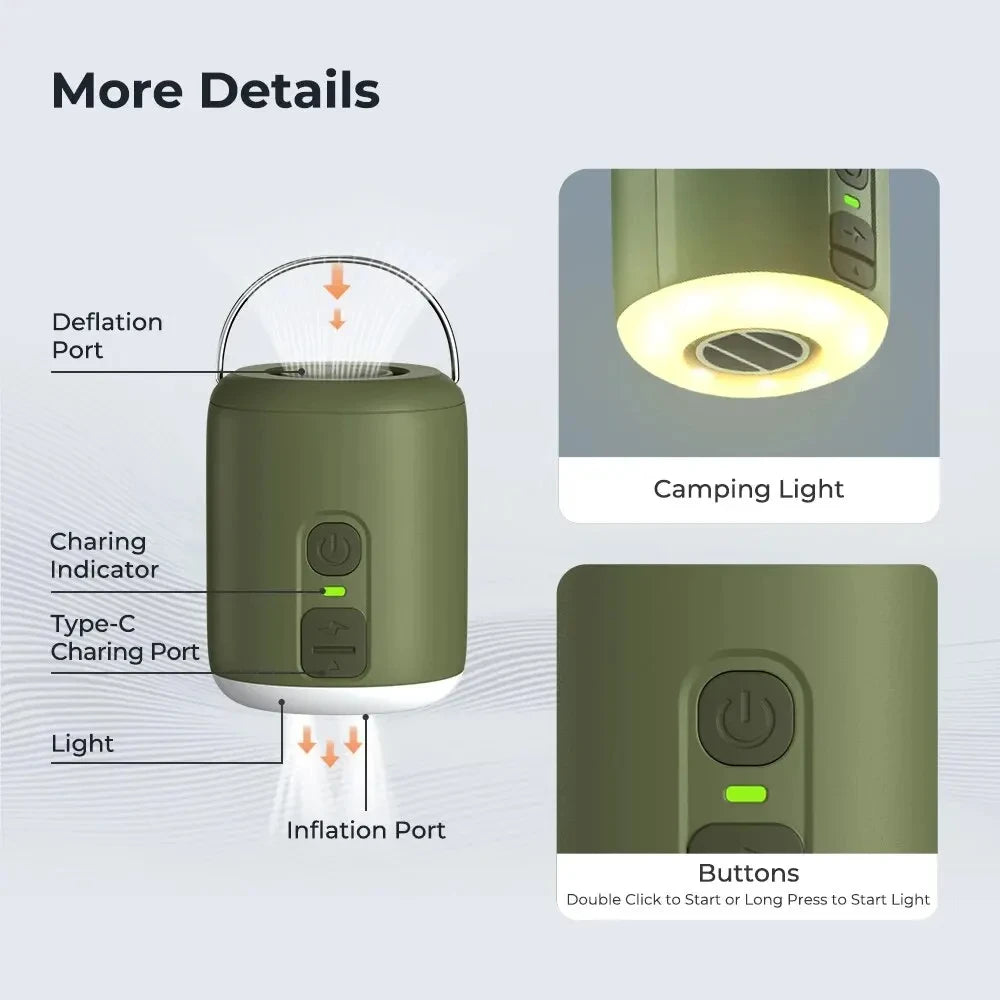 WESTTUNE Tiny Air Pump with Camping Lantern, 4.5kPa Air Pump with Magnetic Design for Inflatable Air Mattress  or Sleeping Pads