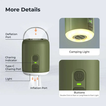 WESTTUNE Tiny Air Pump with Camping Lantern, 4.5kPa Air Pump with Magnetic Design for Inflatable Air Mattress  or Sleeping Pads