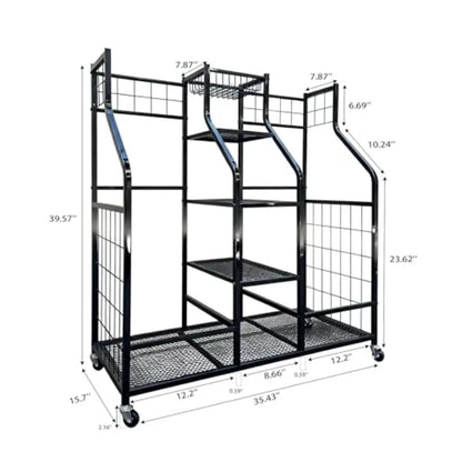 Golf Bag Storage Organizer Stand with Wheels - Heavy Duty Steel Rack Holds 2 Golf Bags with Central Storage Shelf for Golf Ball