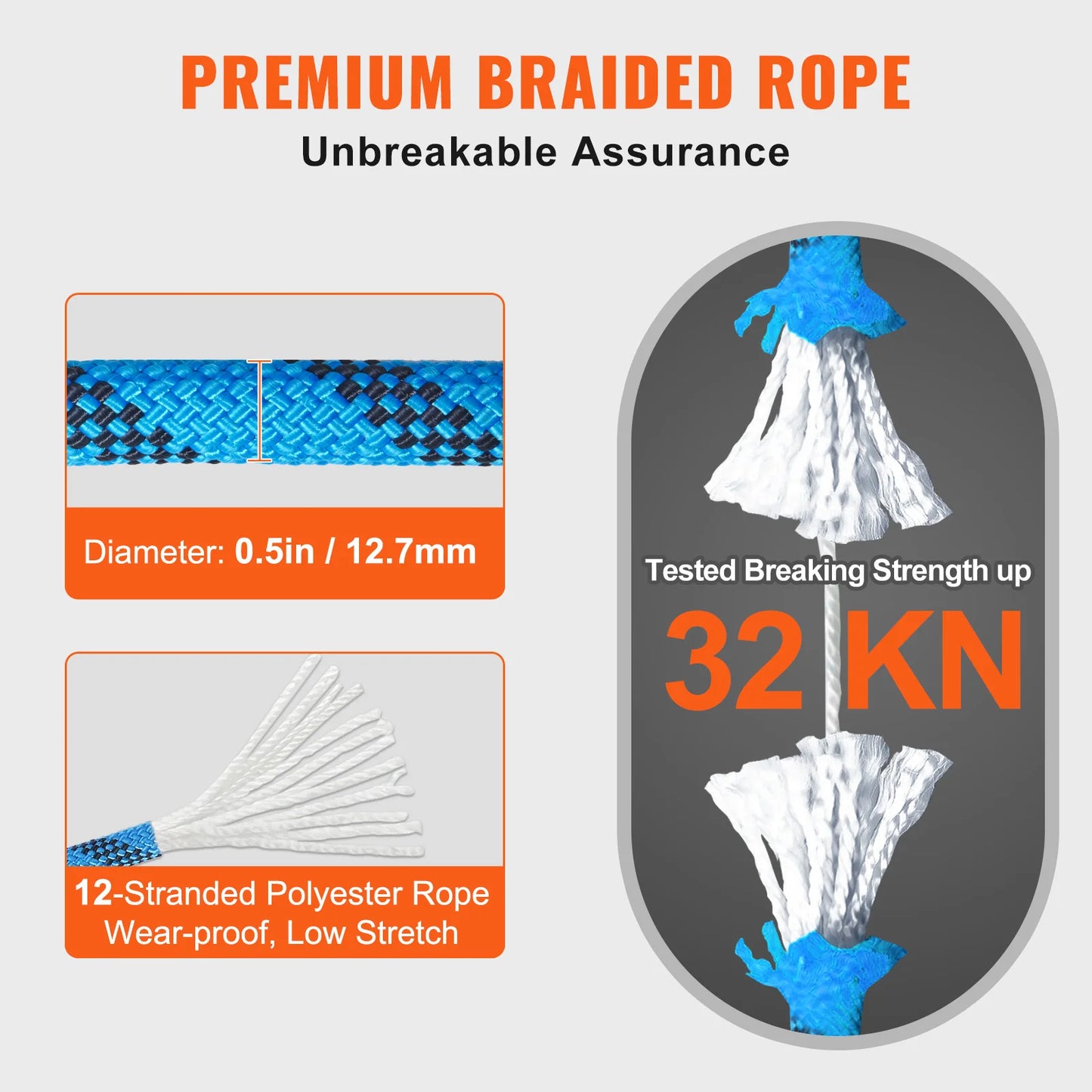 VEVOR 12.7mm Static Climbing Rope, 125/150/200ft Outdoor Rock Climbing Rope 30KN Breaking Tension Fiber Rope w/ Steel Snap Hooks