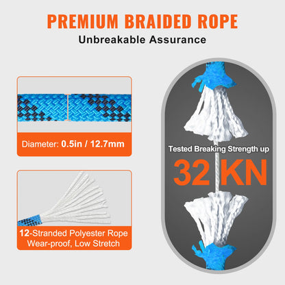 VEVOR 12.7mm Static Climbing Rope, 125/150/200ft Outdoor Rock Climbing Rope 30KN Breaking Tension Fiber Rope w/ Steel Snap Hooks