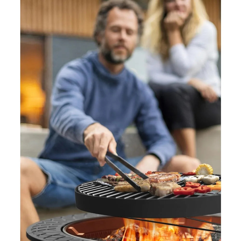 43 Inch Fire Pit with BBQ Grill,  for Outside with Lid & Poker