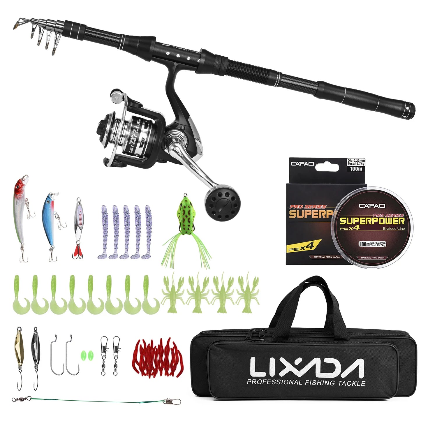 NEW Fishing Rod and Reel Combo, Portable, With Fishing Line Lures Carry Bag