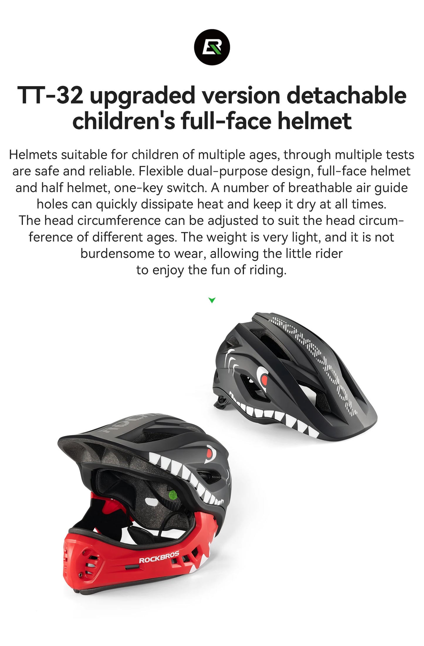 ROCKBROS Child Cycling Helmet, Impact Resistant Detachable Full Face Helmet