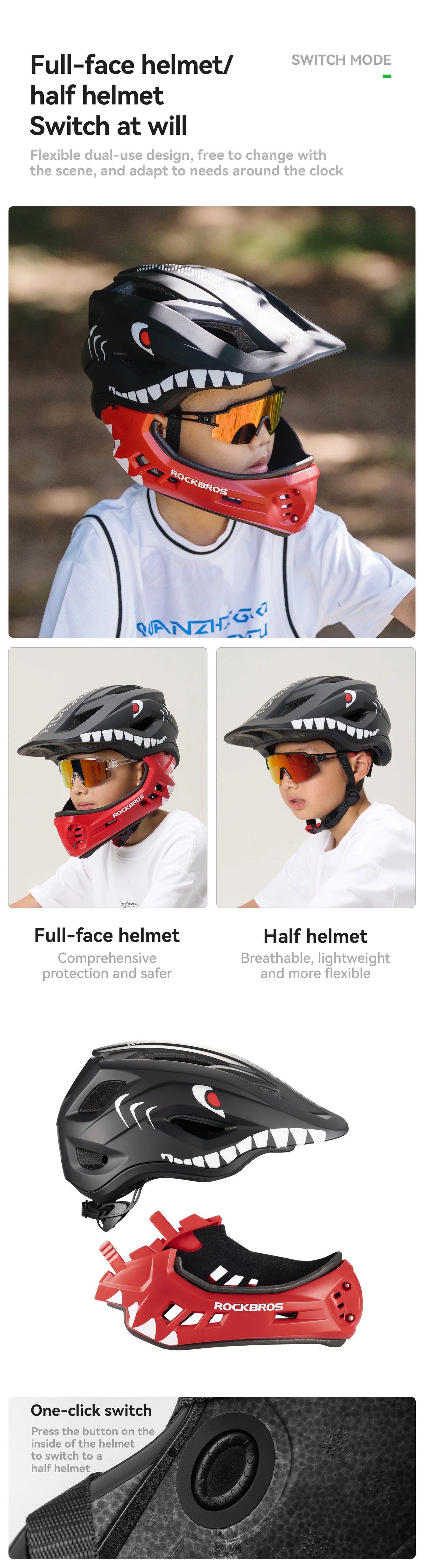 ROCKBROS Child Cycling Helmet, Impact Resistant Detachable Full Face Helmet