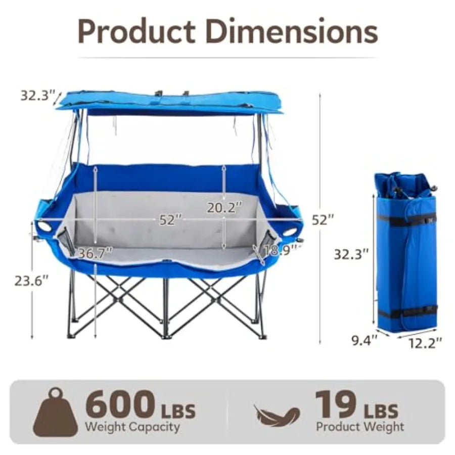Double Camping Chair with Canopy Shade with Cup Holders and Side Pockets Portable