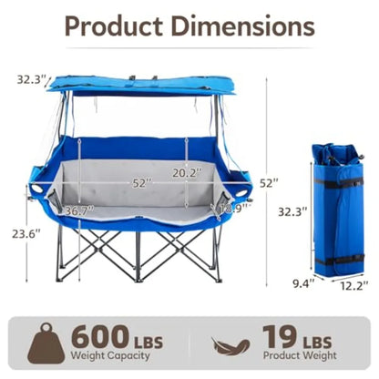 Double Camping Chair with Canopy Shade with Cup Holders and Side Pockets Portable