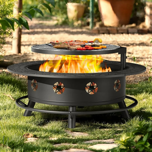 43 Inch Fire Pit with BBQ Grill,  for Outside with Lid & Poker