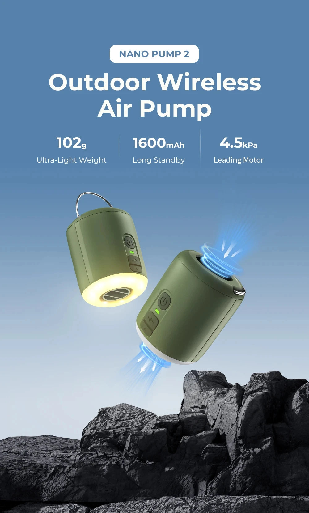 WESTTUNE Tiny Air Pump with Camping Lantern, 4.5kPa Air Pump with Magnetic Design for Inflatable Air Mattress  or Sleeping Pads