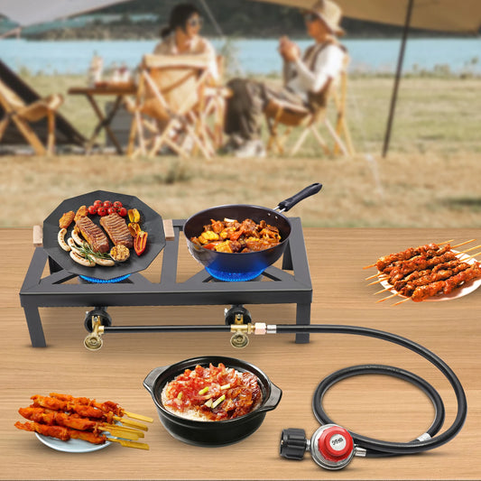 Portable Double Burner Outdoor Gas Stove, Propane Cooker with Adjustable 0-10Psi Regulator Hose for Patio, Camping, BBQ, Home