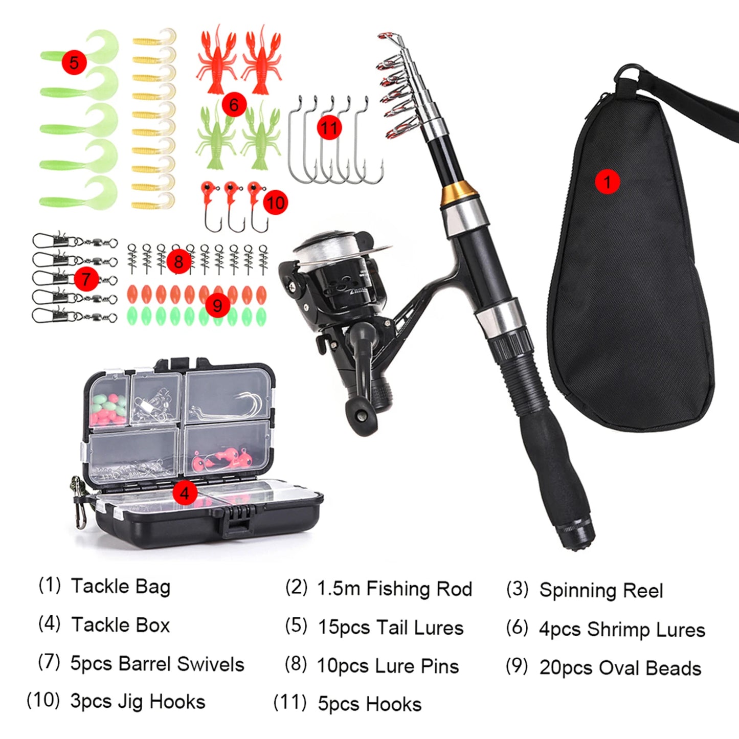US Fishing Rod/Reel Combo Full Kit 1.5m Telescopic Fishing Rod, Spinning Reel Set with Hook Soft Lures, and Barrel Swivels Storage Bag
