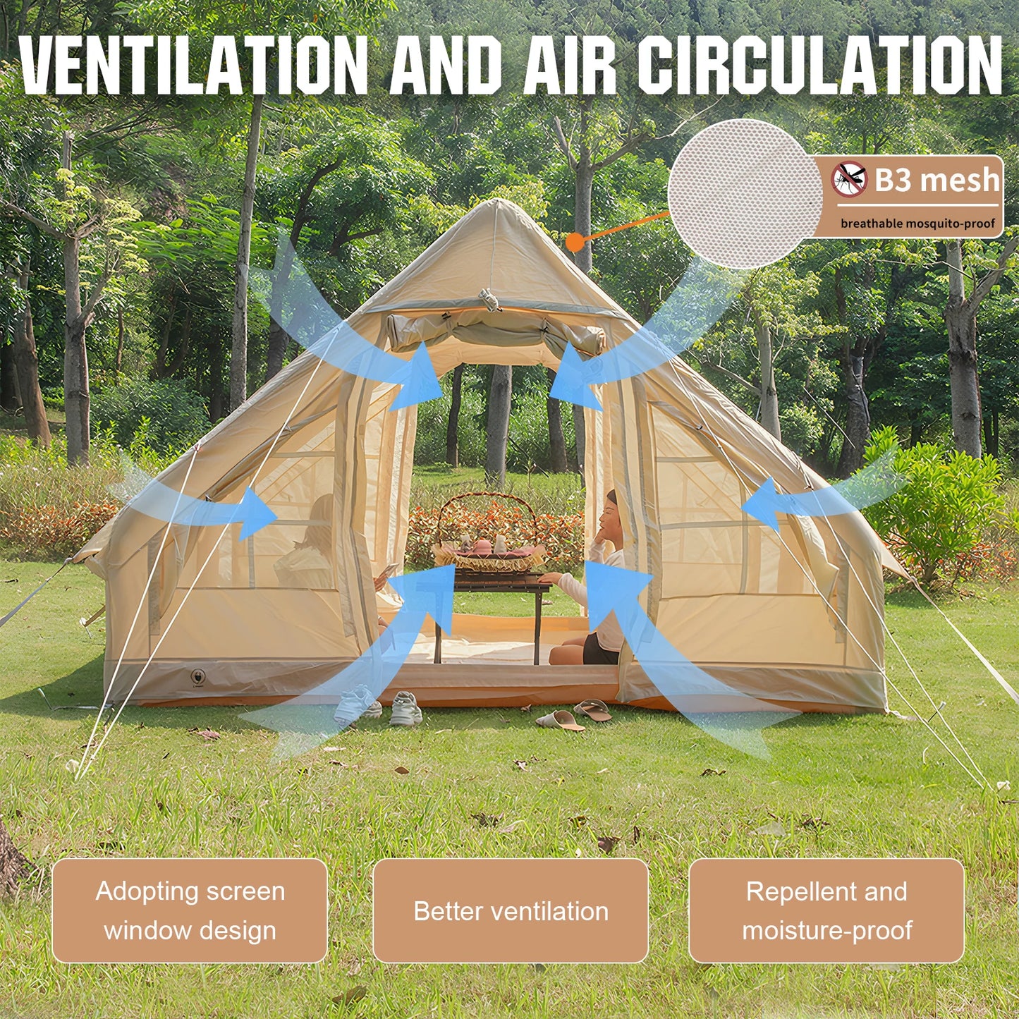 4-6 Person House Instant Glamping Camping Tents, House Oxford Fabric Inflatable Camping Tent With Storage Bag