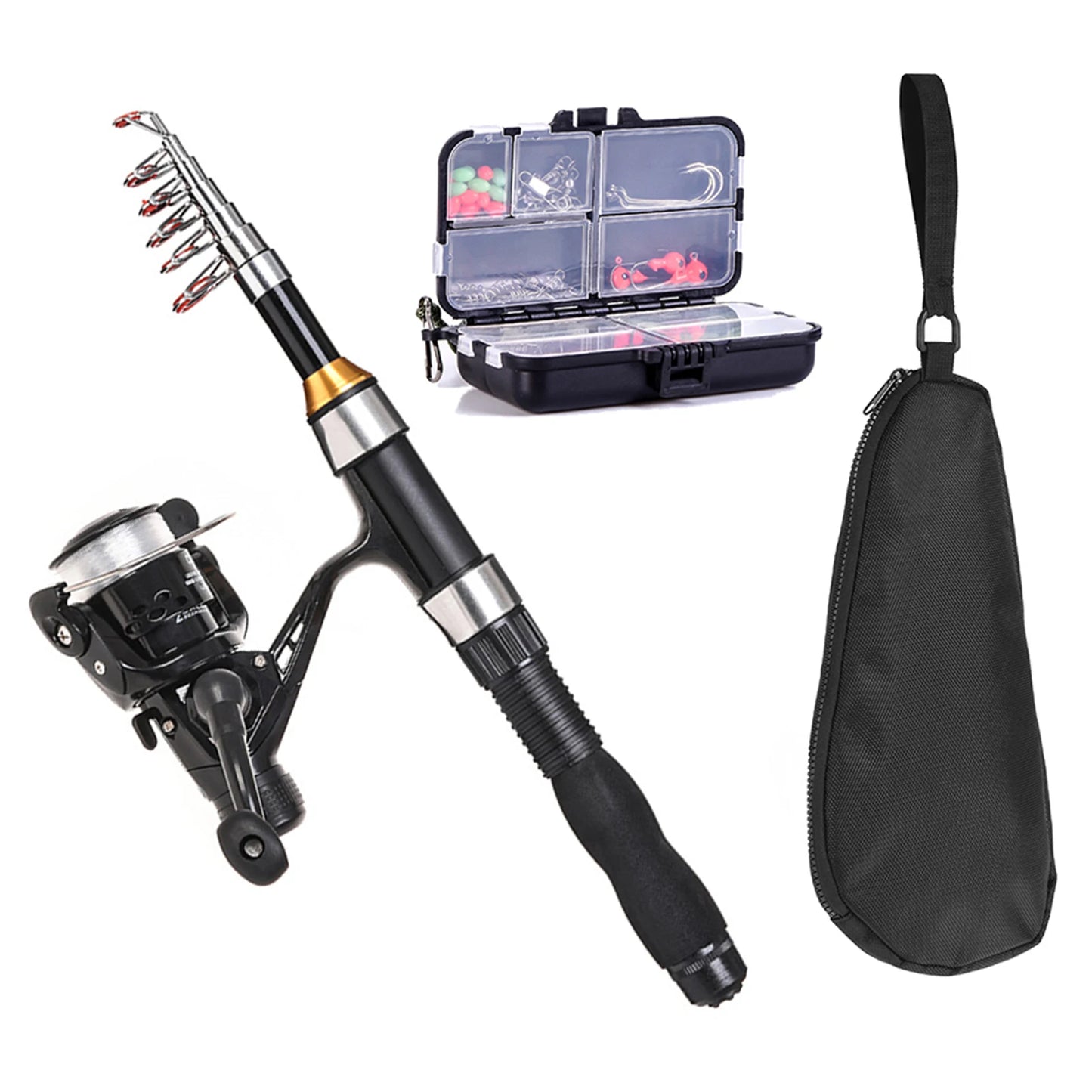 US Fishing Rod/Reel Combo Full Kit 1.5m Telescopic Fishing Rod, Spinning Reel Set with Hook Soft Lures, and Barrel Swivels Storage Bag